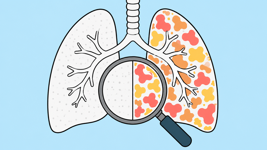 Due polmoni a confronto: uno con pattern ARDS classico uniforme e uno con pattern multipli frammentati da cause rare, con lente di ingrandimento sulle differenze diagnostiche
