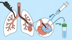 Broncoscopio flessibile stilizzato che entra nelle vie aeree con instillazione di liquido sterile negli alveoli e raccolta in provetta per analisi citologica