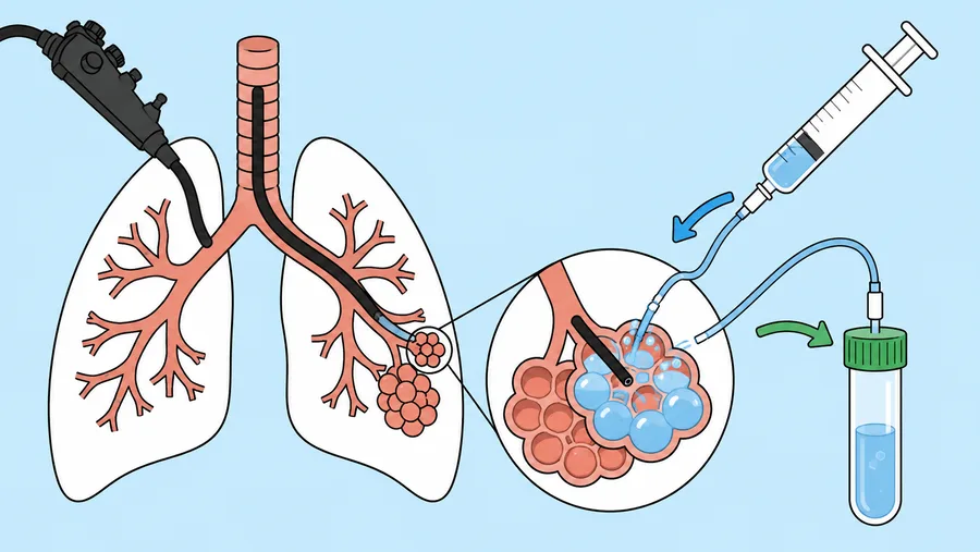 Broncoscopio flessibile stilizzato che entra nelle vie aeree con instillazione di liquido sterile negli alveoli e raccolta in provetta per analisi citologica