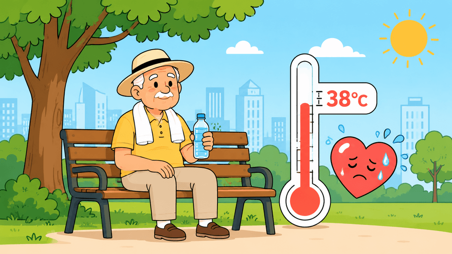 Anziano seduto in un parco estivo con cappello e bottiglia d'acqua, termometro che segna 38 gradi e un cuore stilizzato con gocce di sudore