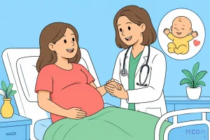 Illustrazione di donna in travaglio serena con supporto medico per analgesia epidurale e bambino sano