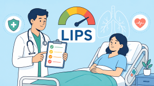 Illustrazione di un medico che valuta il rischio polmonare di un paziente con uno score clinico predittivo