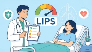 Illustrazione di un medico che valuta il rischio polmonare di un paziente con uno score clinico predittivo