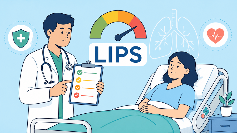 Illustrazione di un medico che valuta il rischio polmonare di un paziente con uno score clinico predittivo