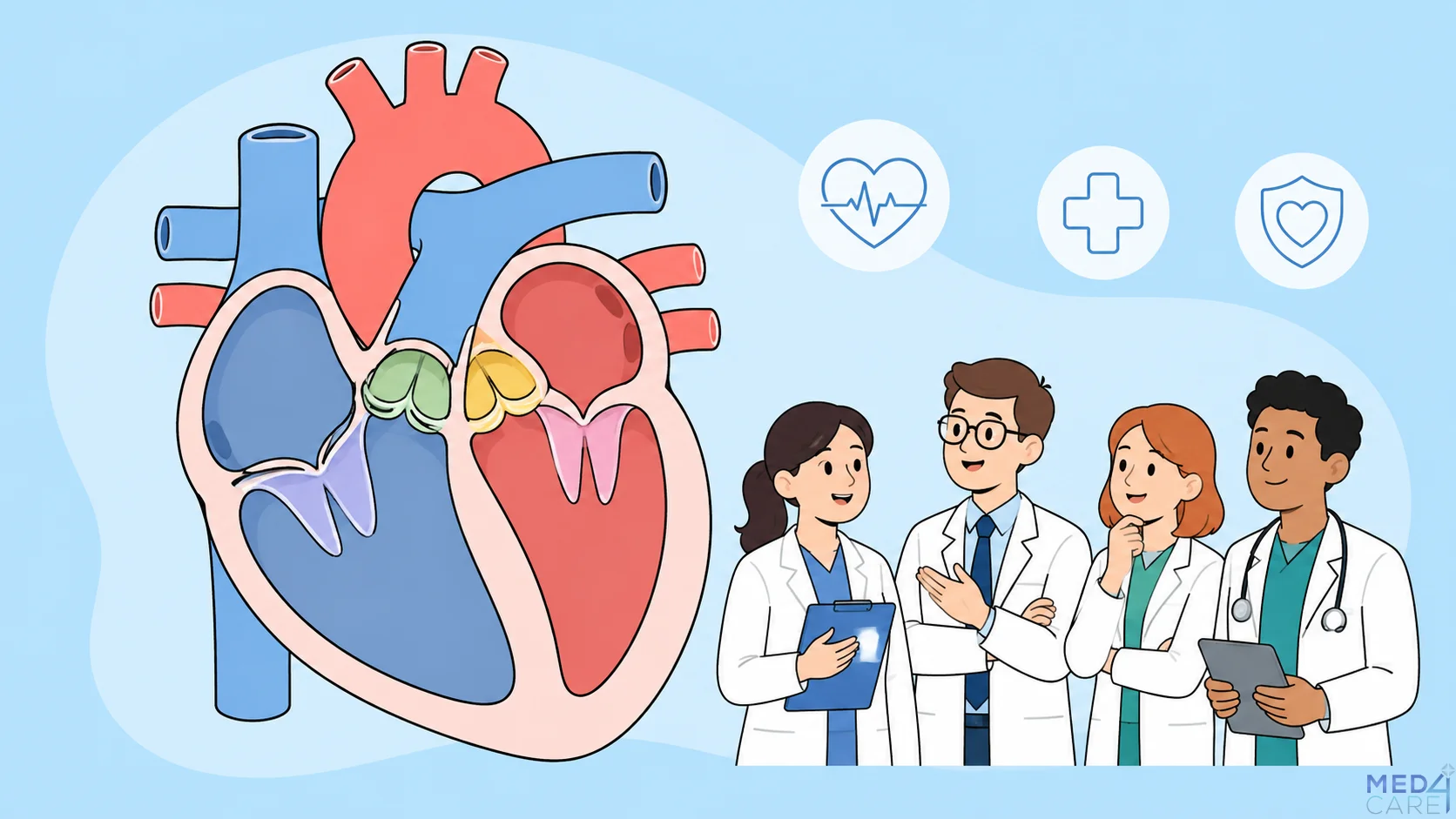 Illustrazione che mostra medici cardiologi che discutono riguardo le linee guida per le valvulopatie cardiache