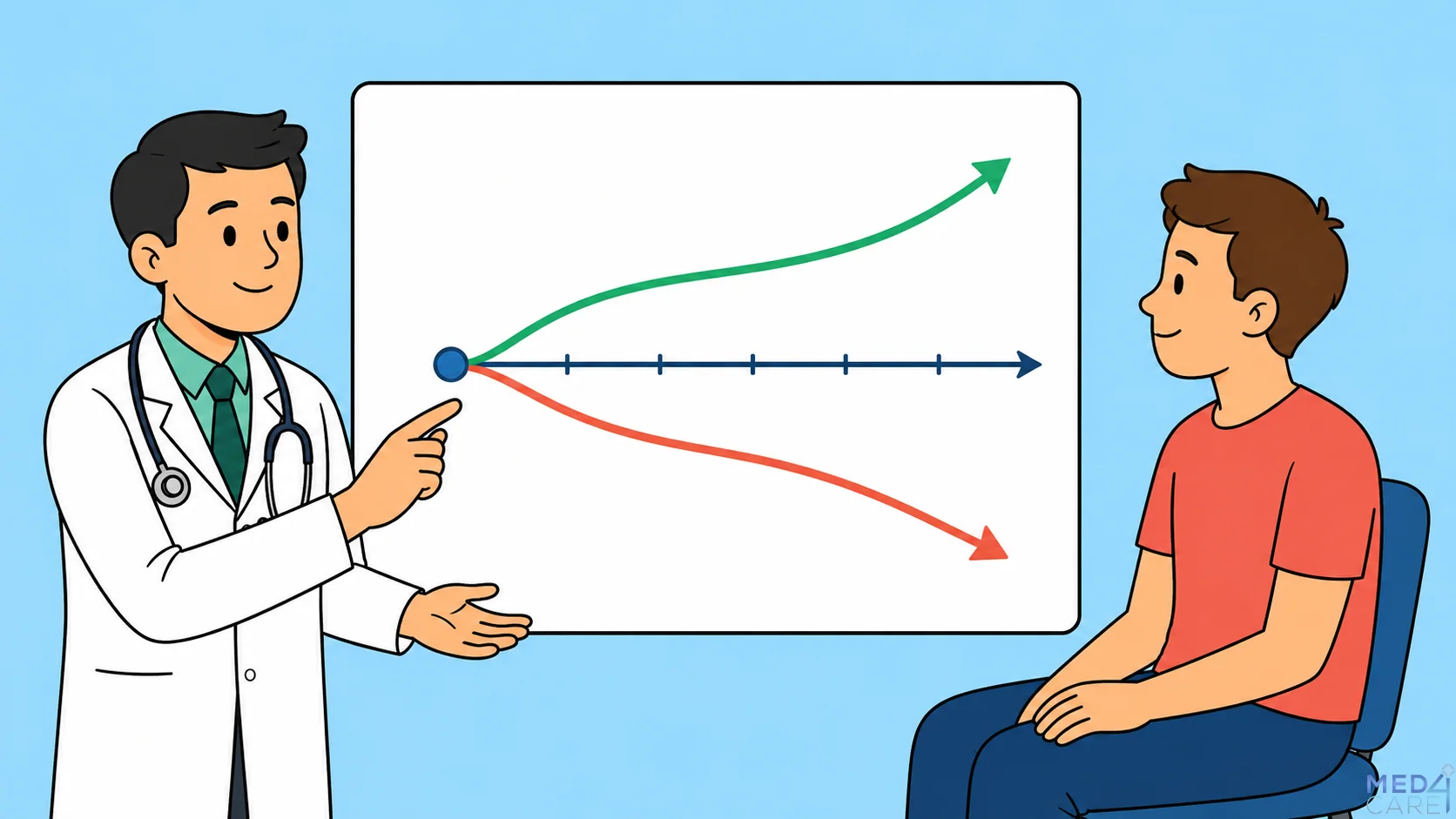 Grafico stilizzato che illustra la prognosi medica con due percorsi evolutivi divergenti dopo la diagnosi, favorevole e sfavorevole