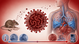 illustrazione con hantavirus che provoca una sindrome cardiopolmonare Topo selvatico vettore