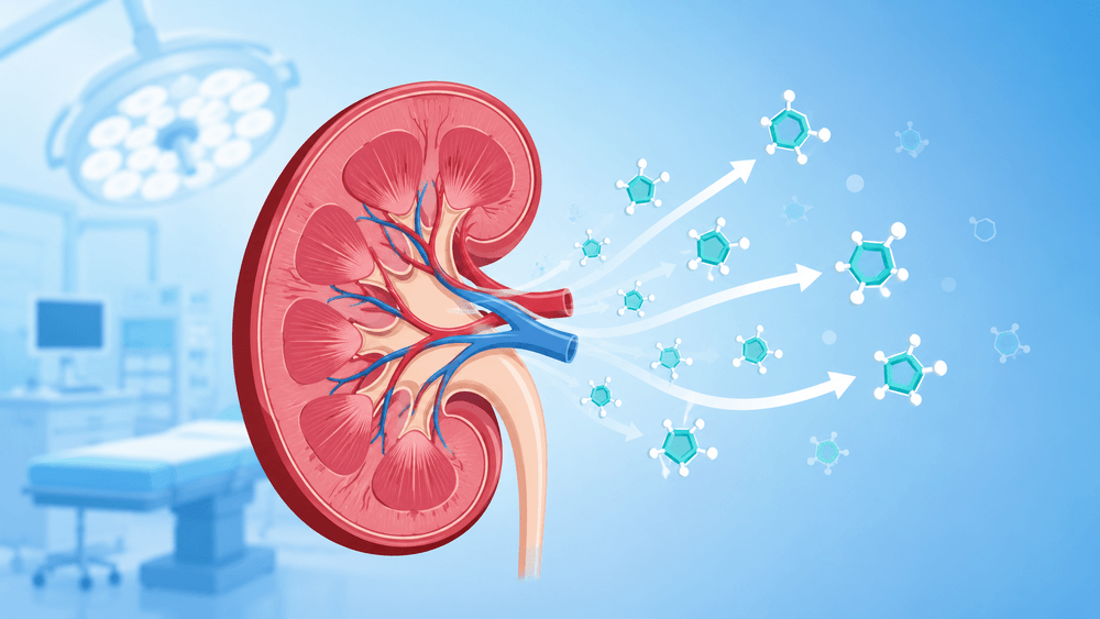 Illustrazione concettuale di un rene con una molecola di glucosio in uscita e sullo sfondo una sala operatoria, rappresentazione del meccanismo degli inibitori SGLT-2 nel contesto perioperatorio