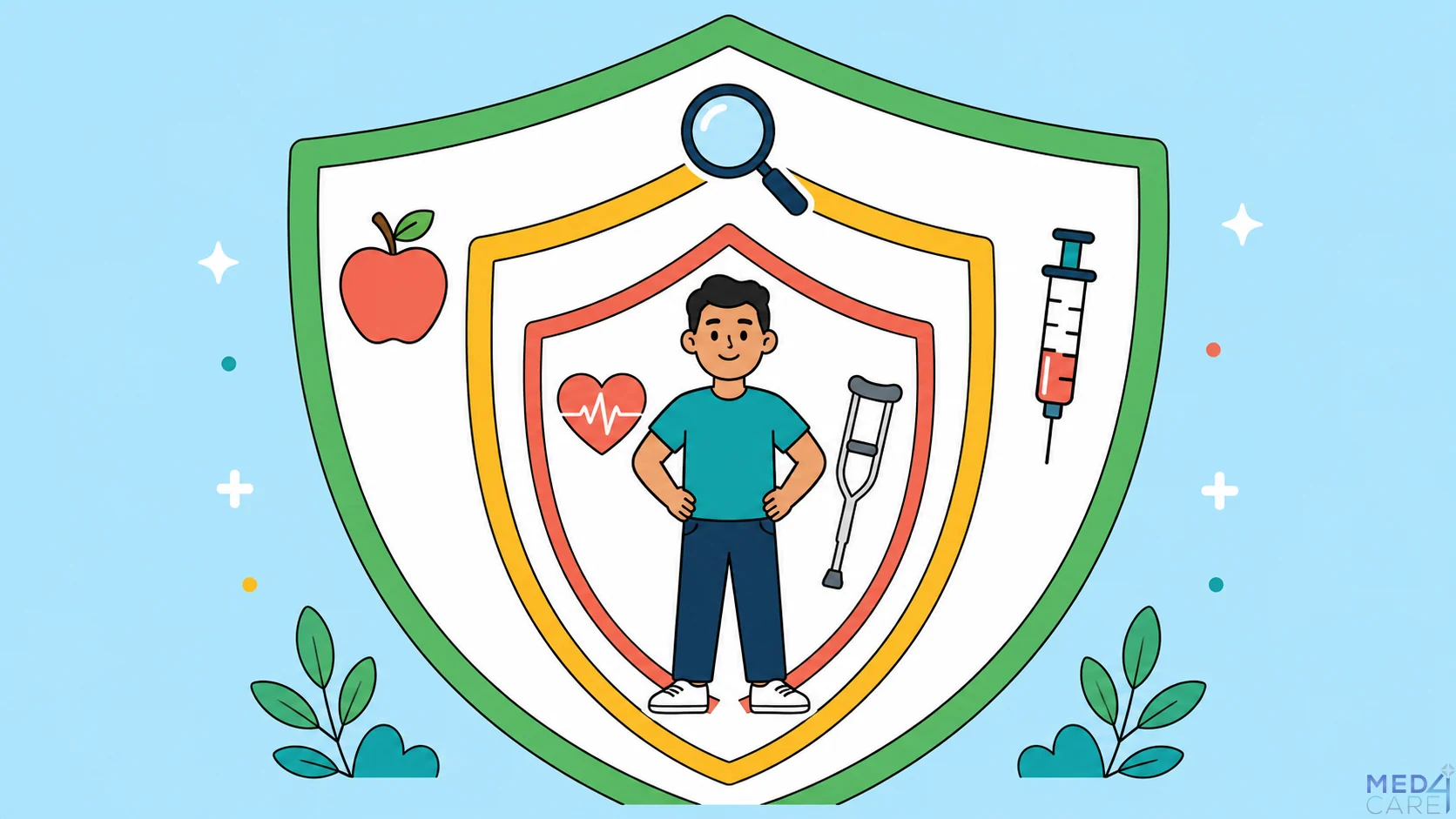 re scudi concentrici che rappresentano i tre livelli di prevenzione medica: primaria con stile di vita e vaccini, secondaria con screening diagnostico, terziaria con riabilitazione e gestione della malattia cronica