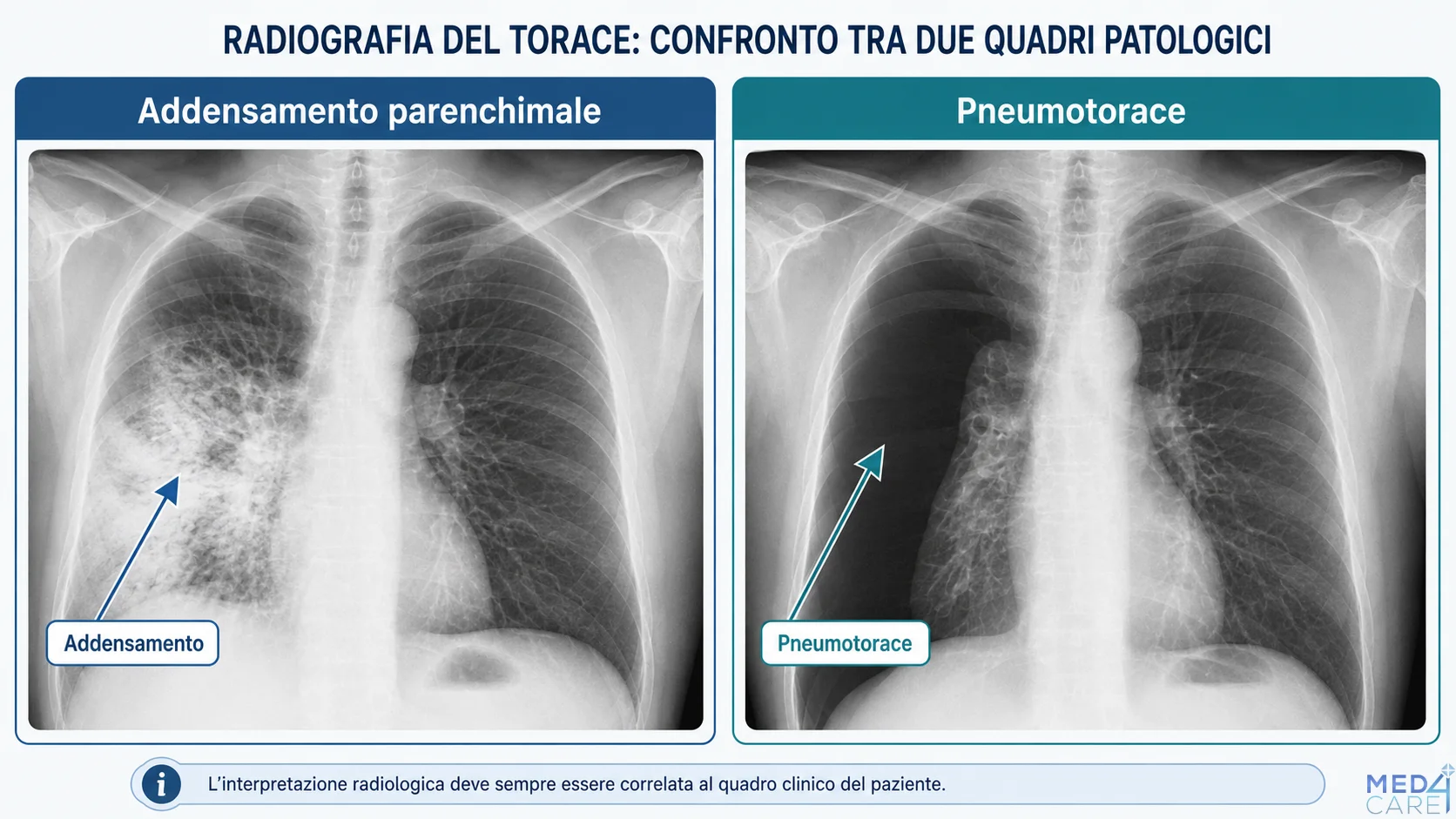 illustrazione che mostra due quadri di rx-torace patologico: un addensamento parenchimale e un pneumotorace.
