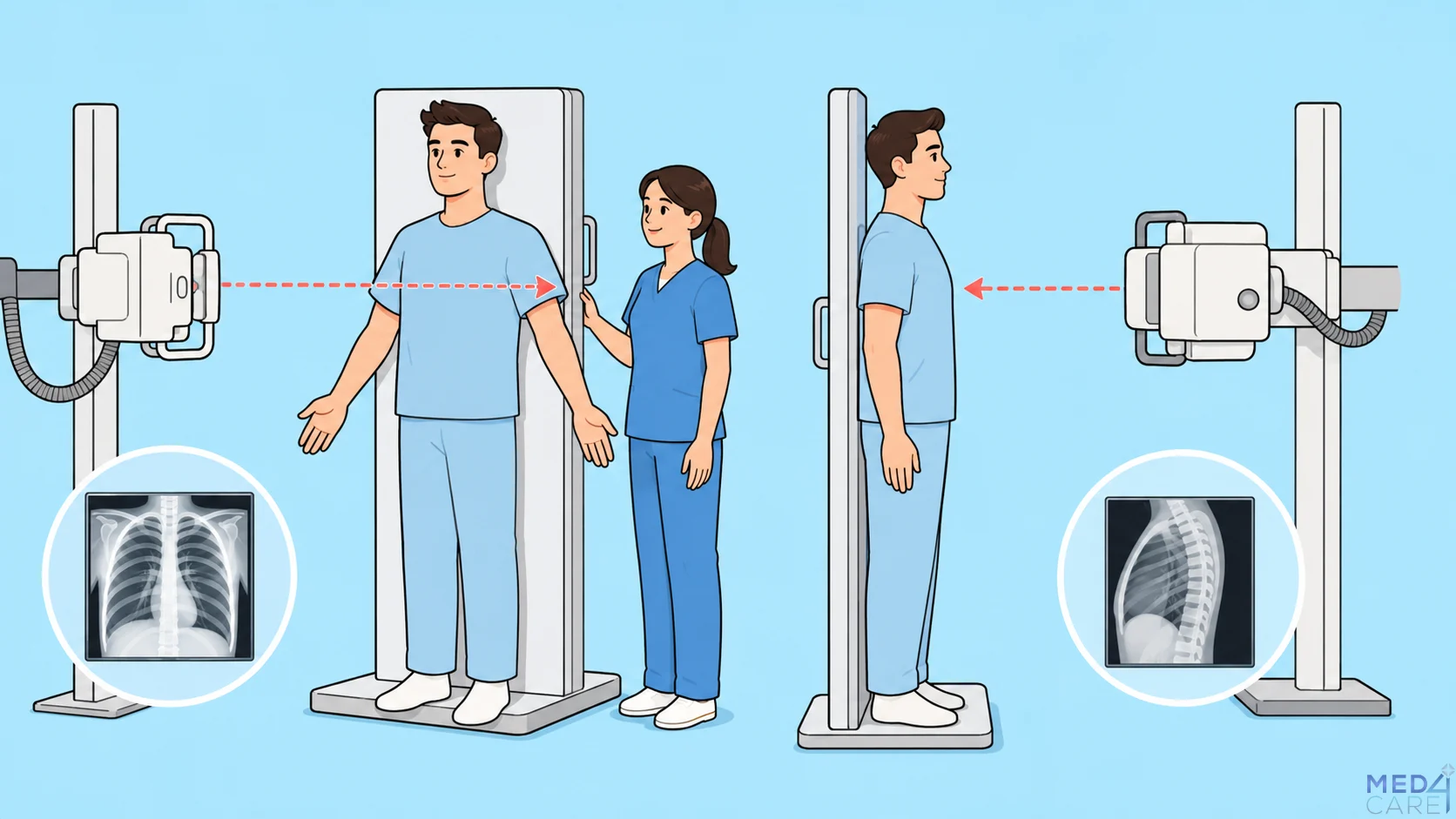 illustrazione che mostra come si esegue una rx torace in posizione anteroposteriore e laterolaterale