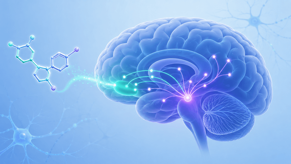 Illustrazione concettuale di un cervello umano con i circuiti della ricompensa evidenziati e una molecola di semaglutide, a rappresentare l'effetto dei farmaci GLP-1 sulle dipendenze