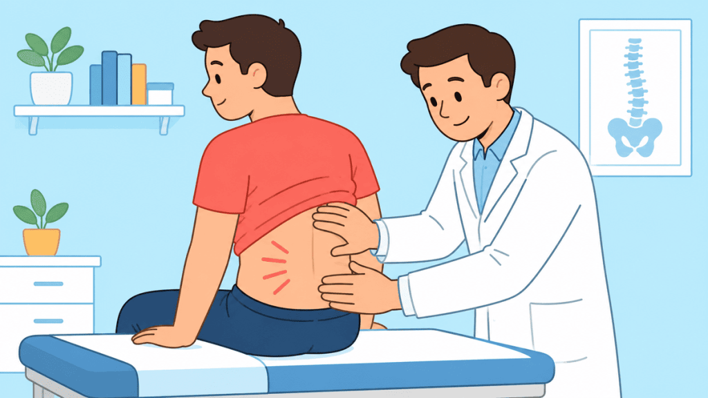 Illustrazione di un medico terapista del dolore che valuta il dolore lombare di un paziente in ambulatorio