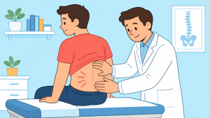 Illustrazione di un medico terapista del dolore che valuta il dolore lombare di un paziente in ambulatorio