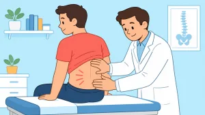 Illustrazione di un medico terapista del dolore che valuta il dolore lombare di un paziente in ambulatorio
