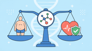 Bilancia con un peso su un piatto e un cuore con scudo protettivo sull'altro piatto con una molecola farmacologica al centro e una doppia elica di DNA sullo sfondo
