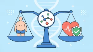 Bilancia con un peso su un piatto e un cuore con scudo protettivo sull'altro piatto con una molecola farmacologica al centro e una doppia elica di DNA sullo sfondo