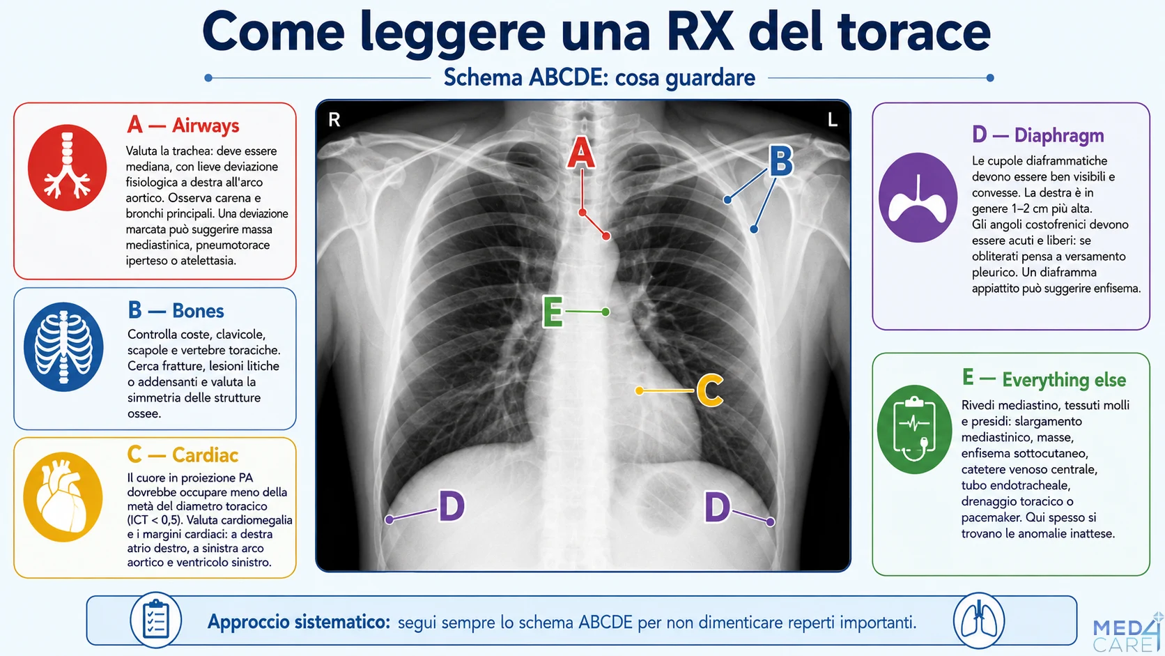 infografica per l'interpretazione della radiografia del torace secondo la sequenza ABCDE